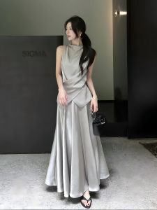 Karrar betsey | Đầm Maxi Không Tay Phong Cách Pháp Elegante Bằng Satin
