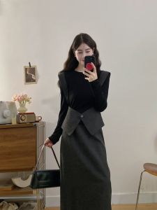 Elegant plus Size Two-Piece Set Womens High Waist Mini Skirt Fashionable Korean Style Slim Fit Long Sleeve round Neck Outfit