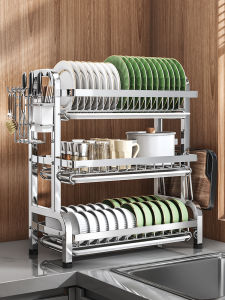 Stainless Steel Kitchen Storage Rack Bowl Plate Drainer Spatula Holder Multi-Functional Dishware Organizer Nordic Style 3 Layers