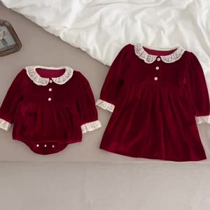 New Christmas Party Dress Kids Baby Girls Lace Collar Red New Years Princess Dress Kids Baby Girls Dress Children Clothes Dress