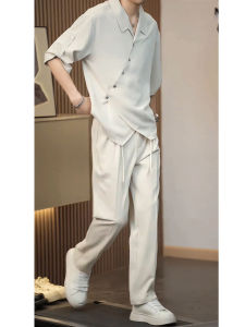 Advanced Drapey Ice Silk Short Sleeve Mens Shirt Summer Trend Design Half Sleeve Handsome Slant Placket Button Decorated Casual Shirt