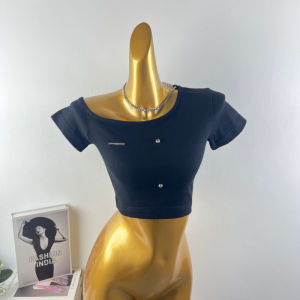 Áo Thun Dệt Kim Tay Ngắn Màu Đen Cạp Cao Cho Nữ Mùa Hè Phong Cách Mới Dáng Ôm Vừa Vặn Chất Liệu Sợi Polyester