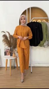 Khalisa Baju Setelan One Set Wanita Kekinian Polo Linen