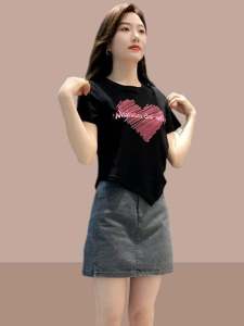 Elegant Korean Style Womens T-shirt Cotton Letter Print Casual Fashion Top Summer Short Sleeve round Neck Regular Fit