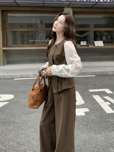 Caramel Colored Two-Piece Set Casual Style Womens Fashion Autumn 2025 Wide Leg Pants Ensemble Elegant Fake Two-Piece Top