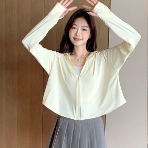 White Ice Silk Womens Summer Loose Coat with Hood Quick Dry UV Protection Open Cardigan Outerwear Fashion Commute Style