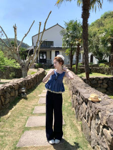 กางเกงยีนส์แขนกุดคอตตอนสีเดิมพร้อมโบว์ผีเสื้อ ชุดเดรสแฟชั่นฤดูร้อนสำหรับผู้หญิงวัย 18-25 ปี กางเกงขายาว ผลิตจากจีน