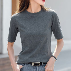 White round Neck Short Sleeve T-Shirt Womens Slim Fit Pure Cotton Summer Fashionable Base Layer Top Commute Style Korean Version