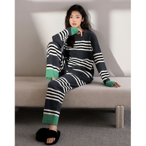 New Half Velvet Autumn Winter Striped Student Girls Outwear-able Pajamas