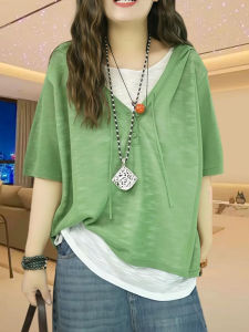 Shalldoer | Breathable Loose Womens Short Sleeve T-Shirt With Hood And Drawstring False Two-Piece Summer Fashion Color Block Top