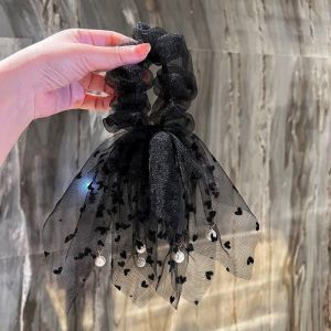 2024 New Pearl Fringe Lace Ribbon Large Bow Hair Ties High-End Sensation Internet Famous Hair Bands Hair Accessories Hair Ropes