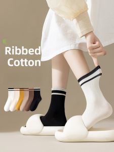 JINGCHI | Womens Spring Autumn Cotton Socks Breathable Anti-Odor Thin Mid-Calf Striped Summer Socks Absorbent Comfortable Casual Socks