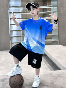 ชุดบาสเก็ตบอลฤดูร้อนสำหรับเด็กชาย ชุดสองชิ้น ผ้าโพลีเอสเตอร์ แห้งเร็ว แขนสั้น แฟชั่นสำหรับเด็กโต ชุดกีฬา