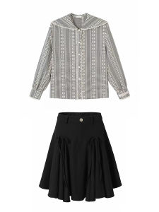 College Style Womens Spring Vintage Plaid Navy Collar Long Sleeve Shirt with Bow Tie Mini Skirt Two Piece Set Fashionable Workwear