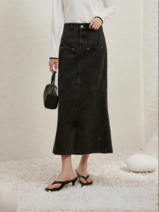 Yigue | Washed Denim Half Skirt Mid to High Waist Long Flounce Skirt