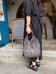 Eco-Friendly Grey Vine Flower Embroidery Canvas Tote Bag Single Shoulder Commuter Bag Fashionable Korean Style Youth Backpack