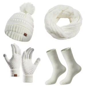 Bộ Mũ Len Khăn Quàng Cổ Găng Tay Mùa Đông 4 Món Cho Nữ Phối Lông Giả Len Dệt Kim Giữ Ấm Cổ Chất Liệu Cotton Pha Polyester Dành Cho Thiếu Nữ Bảo Vệ Tai Ấm Áp