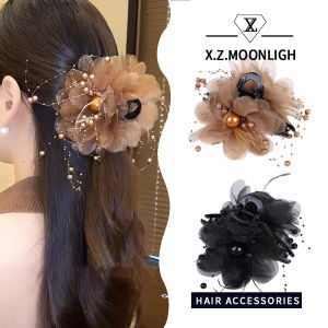 X.z. MOONLIGH Peony ขนนกตาข่ายลูกปัดคลิปมีพู่ฤดูใบไม้ร่วงและฤดูหนาวระดับไฮเอนด์ด้านหลังของศีรษะ
