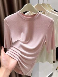 เสื้อยืดแขนสั้นผ้าโมดอลบางสำหรับผู้หญิง ทรงเข้ารูป สไตล์เกาหลี ปกโปโล คอกลม ฤดูใบไม้ผลิและฤดูร้อน เสื้อชั้นในสุดเก๋