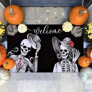 VIKAMA Halloween Skeleton Couple Welcome Mat Suitable for Indoor and Outdoor Water-absorbing Halloween Home Decoration