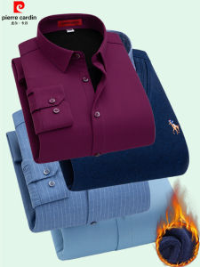 Pierre Cardin Mens Long Sleeve Shirt Bamboo Fiber Fleece Lined Thickened Business Formal Cotton Shirt Warm Winter Wear
