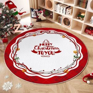 VIKAMA Christmas Round Rug Merry Christmas Wreath Bow Red White Non Slip Area Rug Living Room Holiday Decor Washable Durable