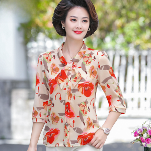 Qiansilu Middle-Aged Mom Summer Clothes Tops Western Style Middle-Aged and Elderly Womens Short Sleeve New Chiffon Shirt Half Sleeve T-Shirt