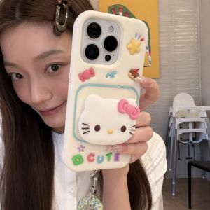 Sanrio | Cute Sanrio Rotatable Holder Phone Case For iPhone 12 13 14 15 16 17 Pro Max Plus 16e Kuromi Hello Kitty Silicone Phone Cover
