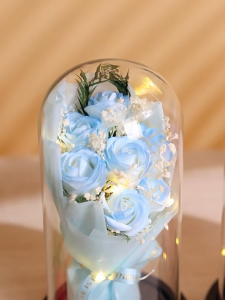 Bouquet Glass shade flowe rose Shatterproof glass dome with silk LED ribbon Preserved flower for Wedding House Warming Teachers Day Valentine Gift