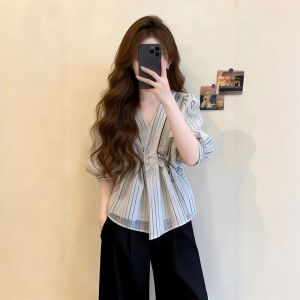 XUECAIQI | French Style Striped V-Neck Puff Sleeve Loose Ruffle Summer Blouse