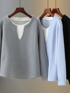 เสื้อสเวตเตอร์คอกลมแขนยาวลายตัดต่อสไตล์เกาหลีสำหรับผู้หญิงไซส์ใหญ่ ฤดูใบไม้ร่วง 2025 เสื้อชั้นในสีบล็อก