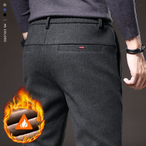 Winter Fleece Warm Brushed Fabric Mens Casual Pants Outdoors Business Thick Cotton Flocking Plush Black Grey Blue Trousers Male