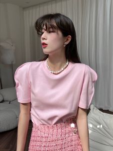 Stylish Three-Dimensional Puff Sleeves Short Sleeve T-Shirt Summer New Arrival Pure Color round Neck Tops Loose Slim Looking White T-Shirt Women
