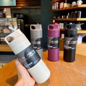 500ML Flask Water Bottle Stainless Steel Straw Thermal Cup Portable Outdoor Sport Fitness Spray Vacuum Thermos Cup Travel Kettle