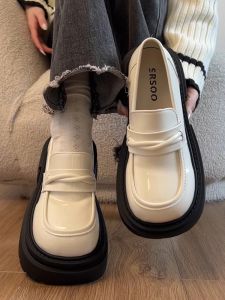 Womens Thick Bottom Genuine Leather Mary Jane Shoes Spring Autumn Beige Slip-On British Style Small Leather Shoes