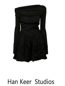 French Style One Shoulder Long Sleeve Dress Womens Autumn Winter Puffy Slimming Black Mini Dress High Waist Commuter Style