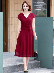 Fashionable Midlife Women Summer Dress Slimming Long Skirt V Neck Polyester Fiber Regular Sleeve Length Midi Dress Cover Belly