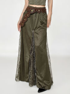 Vintage Green Heavy Embroidery Lace Patchwork Skirt Long A-Line Miniature Womens Summer Fashion Retro Style Natural Waist