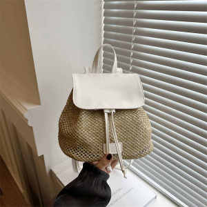 Large Capacity Straw Woven Fashion Double Shoulder Backpack Casual Simple Korean Version Single Shoulder Slant Bag Bucket Shape