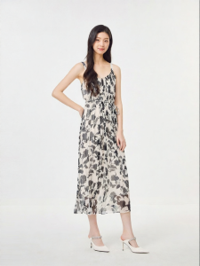 Koradior | French Print Romantic Silk Spaghetti Strap Dress