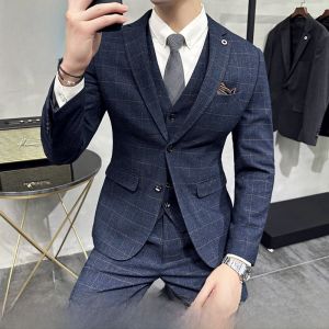 Romon Mens Three-Piece Suit Wedding Formal Casual Plaid Business Gentleman Autumn Long Sleeve Standard Fit Wedding Dress Suit