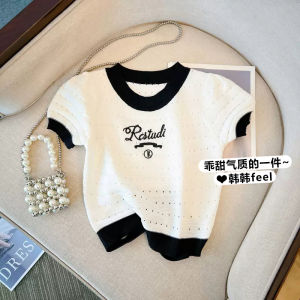 Sweet and Spicy Tops Short Classic Style Letters Embroider Knitting T-shirt Female Summer Korean Style Puff Short Sleeve Sweater