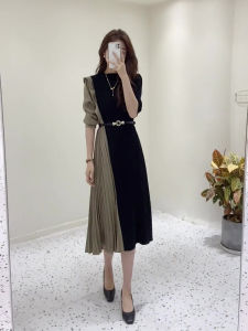 Autumn and Winter with Coat Dress Women French style Temperament Goddess Temperament High Sense Patchwork Mid-Length Waist Hugging Pleated Skirt