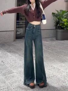 สูง เอว ขากว้าง กางเกงยีนส์ ผู้หญิง ฤดูใบไม้ผลิ ฤดูใบไม้ร่วง 2024 ใหม่ พรางหุ่น ดีไซน์ Sense ผ่าชาย ท่อตรงยาวพื้น กางเกง