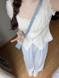 Pure White Bubble Sleeve Short Shirt for Women New Summer Style Slim Fit Sweatshirt Crewneck Button-up Top for Young Female