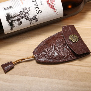 He Yi Original Cowhide Car Key Case Retro Print Genuine Leather Handmade Home Minimalist Flower Button Key Case Fashion