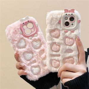 CrashStar INS Plush Hairy Embroidered Love Heart Phone Case For iPhone 16 15 14 Pro Max Plus 13 Pro Max 12 Pro Max 11 Pro Max Shockproof Phone Cover Winter Warm Phone Casing With Cute Monster Lens Protection Shell Top Seller