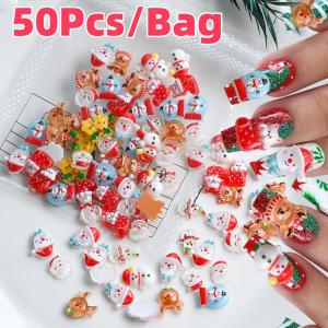 50Pcs 3D Snowman Elk Christmas Nail Charms Cartoon Xmas Bell Sock Resin Nail Art Decoration For DIY Crafts Hair Jewelry Kid Gift