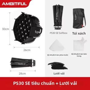 AMBITFUL | Hộp Mềm Hình Bát Giác Gắn Bowens Mini Ambitful Quick Release Lưới Tổ Ong Đèn Flash LED Ngoài Trời PS30/PS50 SE 30cm/55cm