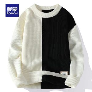 ROMON | เสื้อสเวตเตอร์ถักคอปกกลมสำหรับผู้ชาย ทรงหลวม หนา อบอุ่น ลำลอง ใส่ในฤดูใบไม้ร่วงและฤดูหนาว ทรงหลวม ทรงพอดีตัว ทรงหลวม